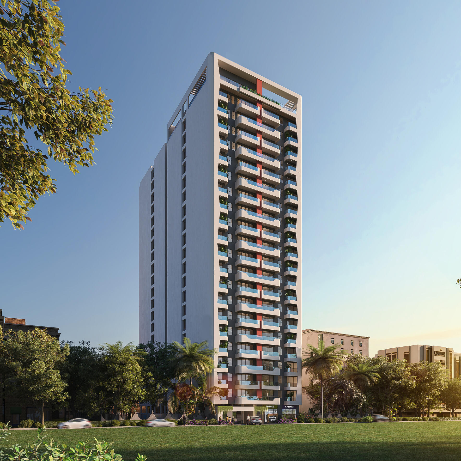 Architectural render of the twenty-storey Anglia Urban Residence tower rising over Ngao Road, Parklands