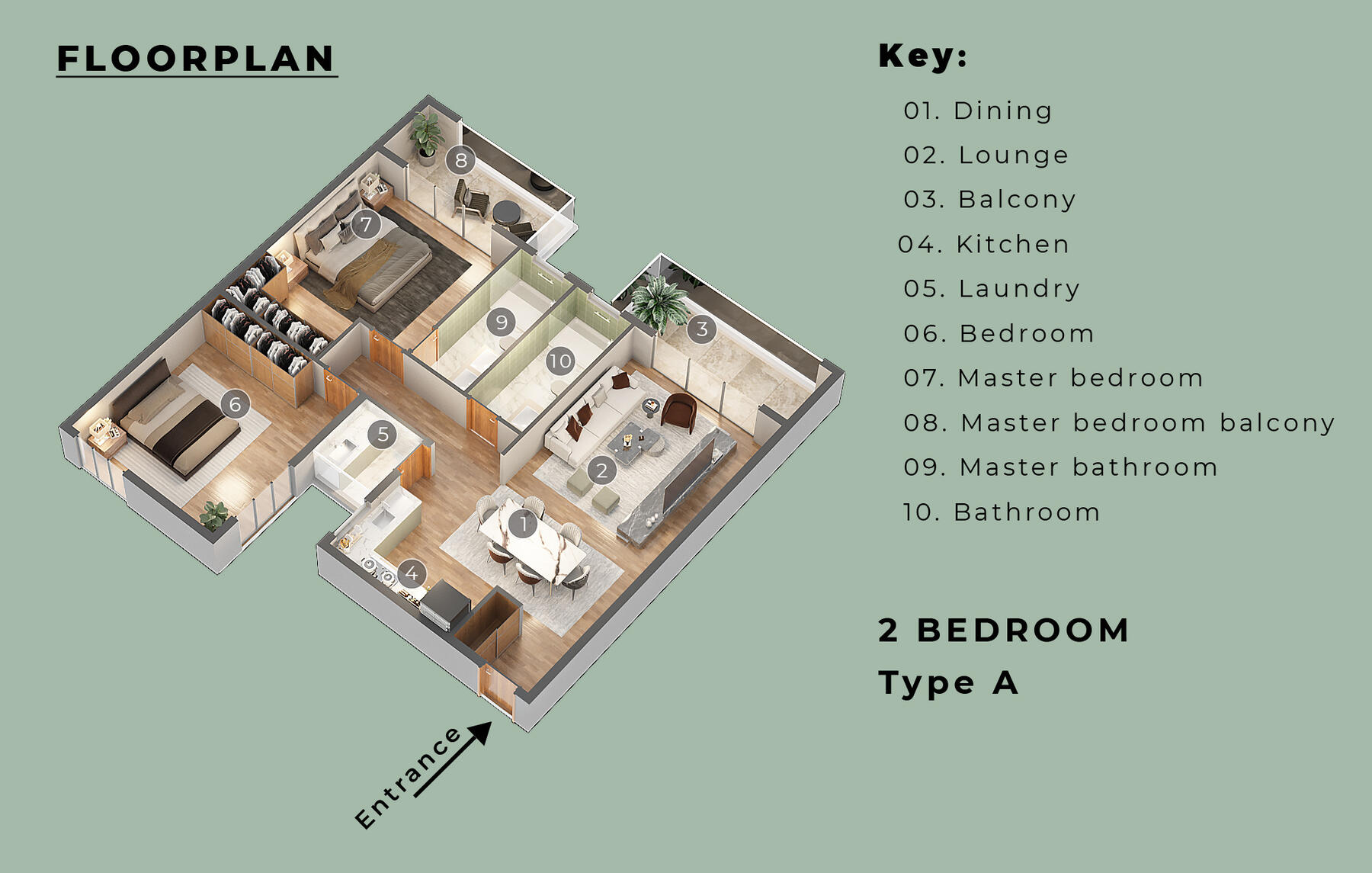 3D floor plan of the 2 Bedroom Type A apartment