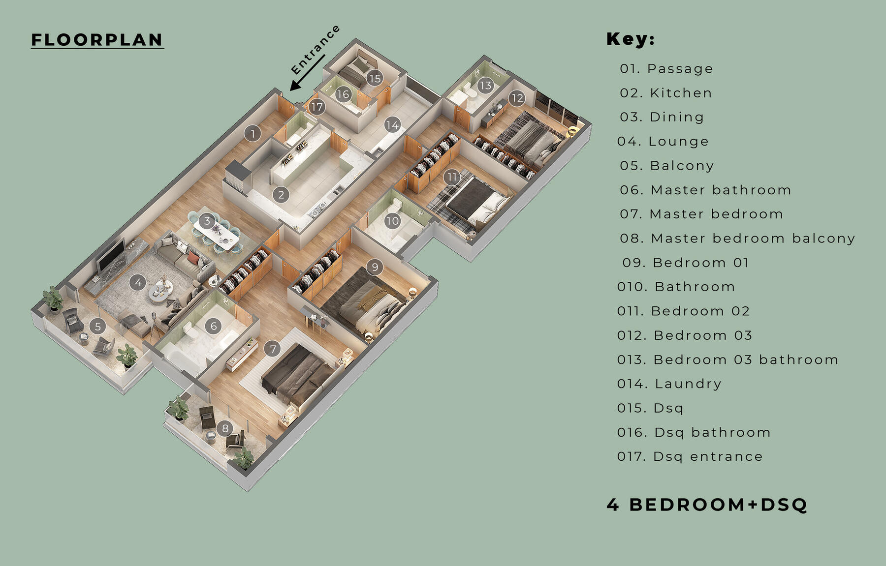 3D floor plan of the 4 Bedroom apartment with staff quarters