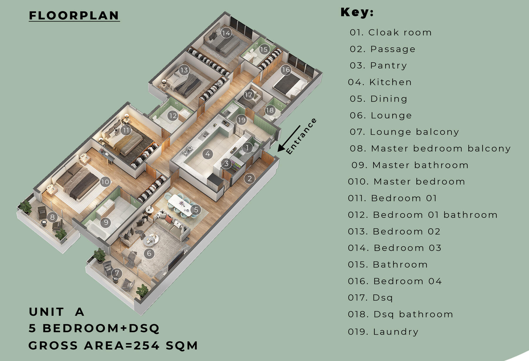3D floor plan of the 5 Bedroom apartment with staff quarters